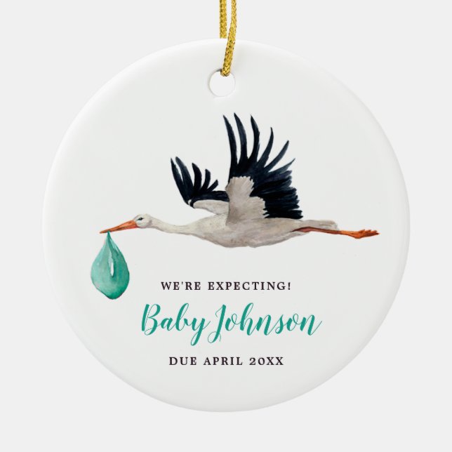 We're Expecting! Gender Neutral Stork Announcement Ceramic Ornament (Front)