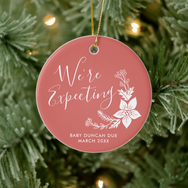 We're Expecting Personalized Baby Pregnancy Reveal Ceramic Ornament (Tree)