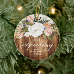 We're Expecting Personalized Pregnancy Reveal Wood Ceramic Ornament