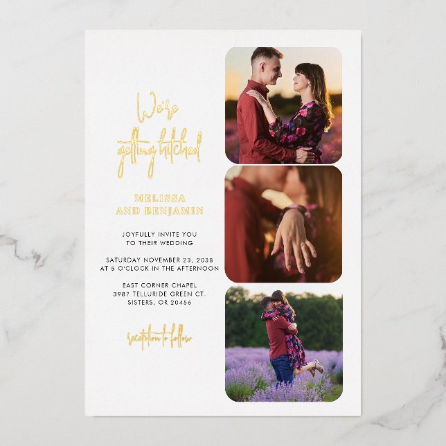 We're Getting Hitched Photo Collage Wedding Gold (Front)