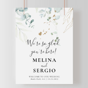 We're Glad You're Here Gold Green Wedding Welcome Poster