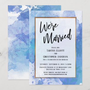 We're Married Gold Border Abstract Blue Splashes Invitation
