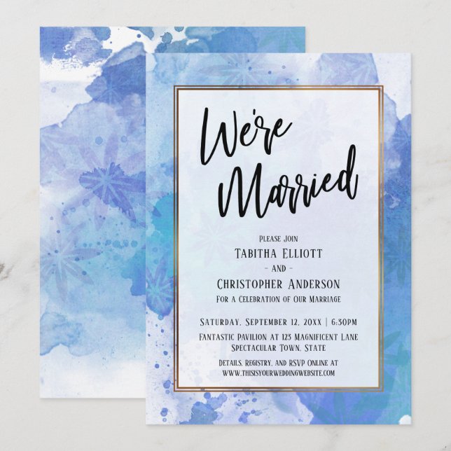 We're Married Gold Border Abstract Blue Splashes Invitation (Front/Back)
