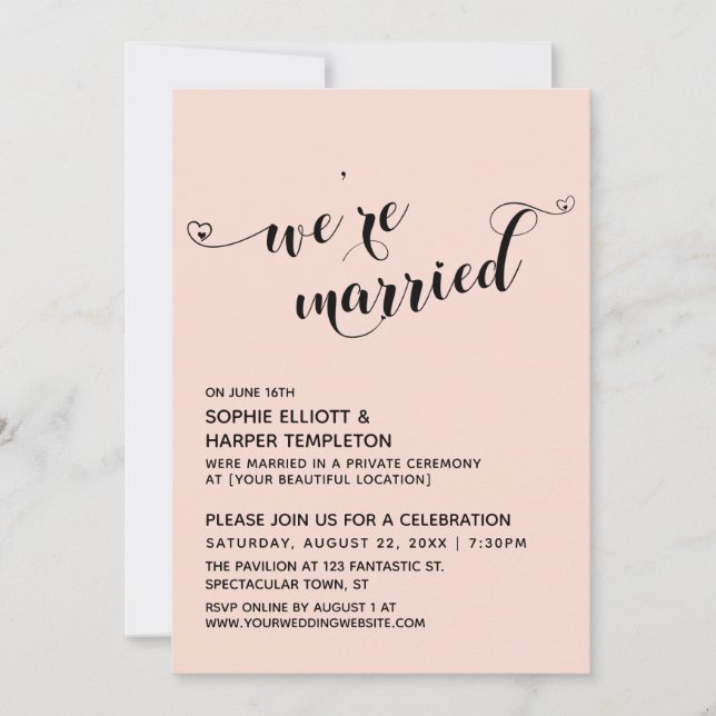 We're Married Hearts Script Blush Pink Reception Invitation (Front)