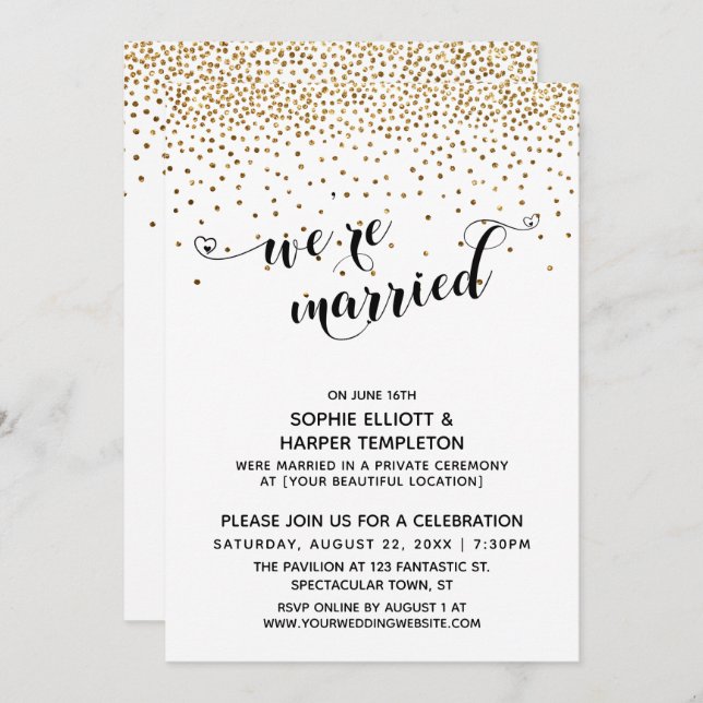 We're Married Script, Gold Confetti, Reception Invitation (Front/Back)