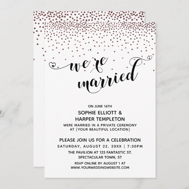 We're Married Script Rose Gold Confetti Reception Invitation (Front/Back)