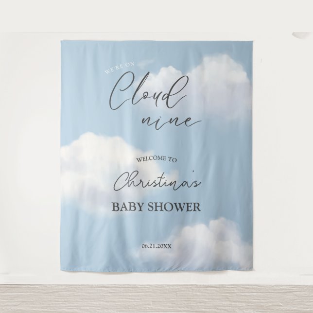 We're on Cloud 9 Blue Boy Baby Shower Welcome Sign Tapestry (Front)