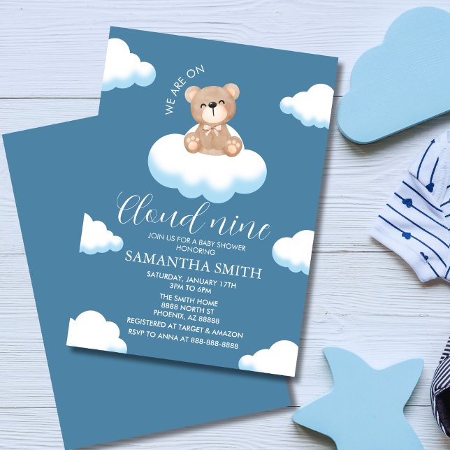 We're on Cloud Nine Blue Boy Bear Baby Shower Invitation (Minimalist sky baby shower invitation with smiling teddy bear sitting on fluffy white clouds)