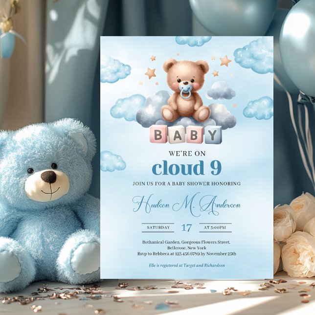 We're on cloud nine brown boy teddy bear on cloud invitation (cloud nine cute teddy bear boy baby shower invitation digital)