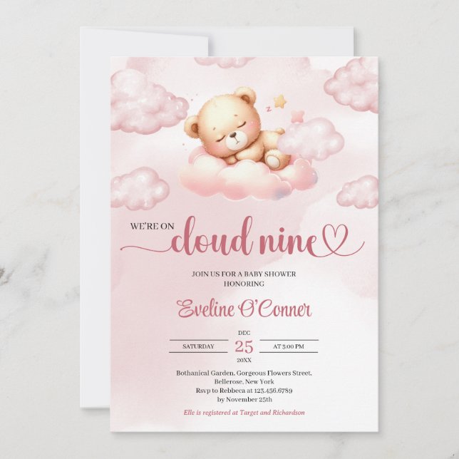 We're on cloud nine watercolor pink teddy bear invitation (Front)
