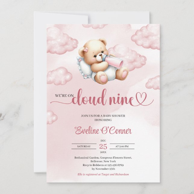 We're on cloud nine watercolor pink teddy bear invitation (Front)