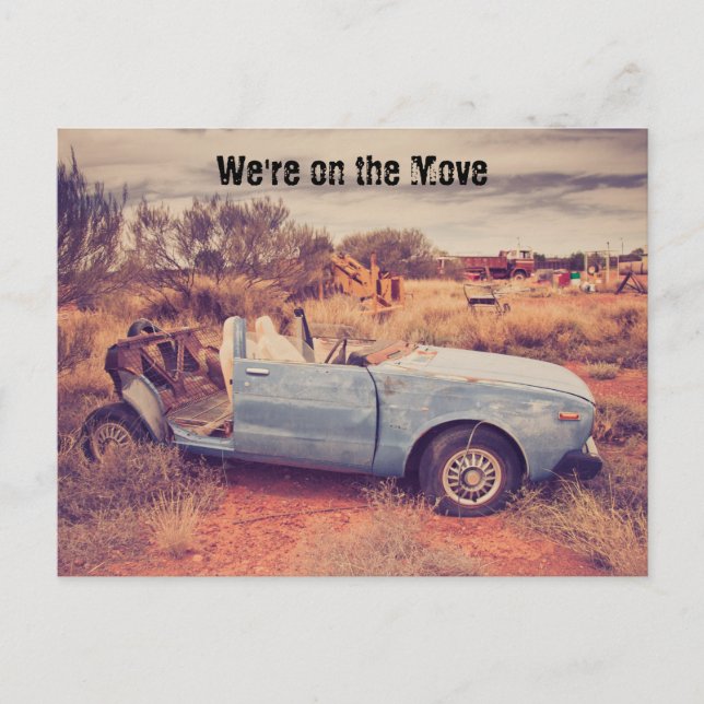 We're On the Move Run-Down Car Postcard (Front)