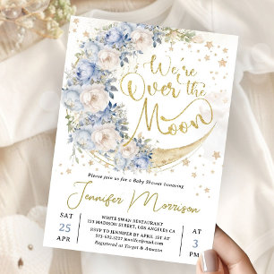 Were Over The Moon Baby Shower Dusty Blue Boy Invitation