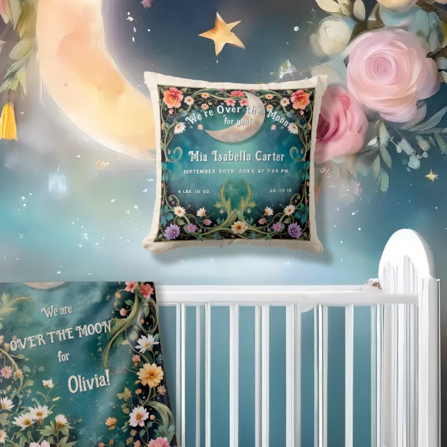 We're Over the Moon Birth Stats Floral Garden Vine Throw Pillow (Creator Uploaded)
