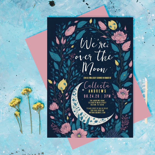 We're Over the Moon Floral Pink Yellow Baby Shower Invitation (Creator Uploaded)