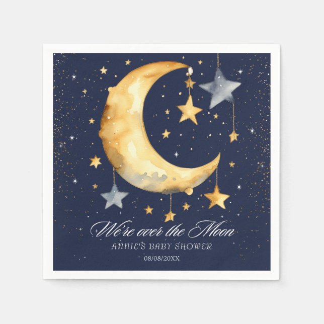 We're Over The Moon Glitter Boy Baby Shower Napkin (Front)