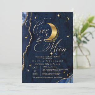 We're Over the Moon Gold Stars Blue Baby Shower Invitation