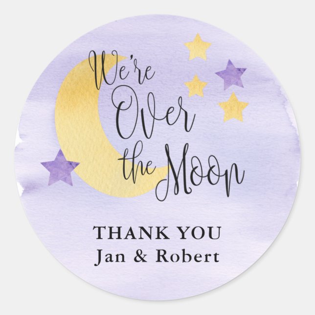 We're Over the Moon, Purple Personalized Classic Round Sticker (Front)