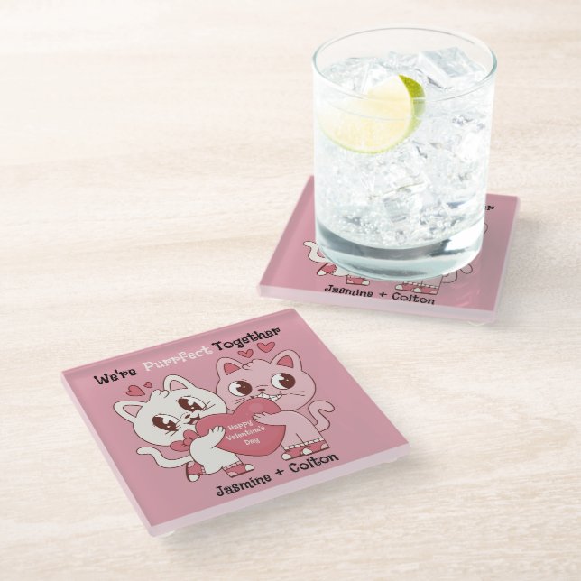 We're Purrfect Together Cute Valentine Pillow Glass Coaster (Angled)