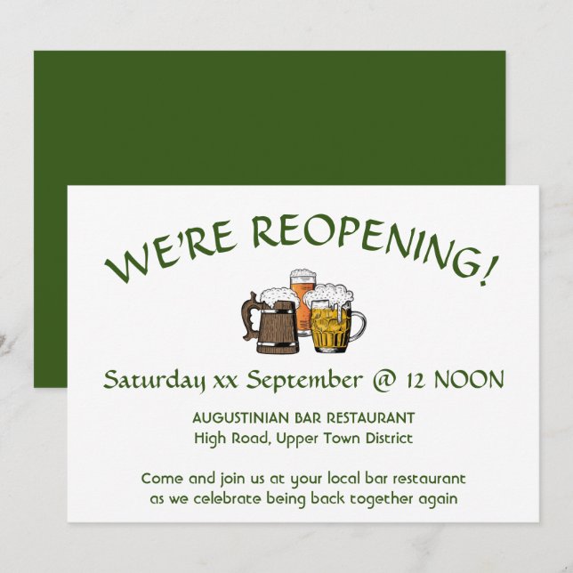 WE'RE REOPENING! Bar Restaurant Customizable GREEN Invitation (Front/Back)