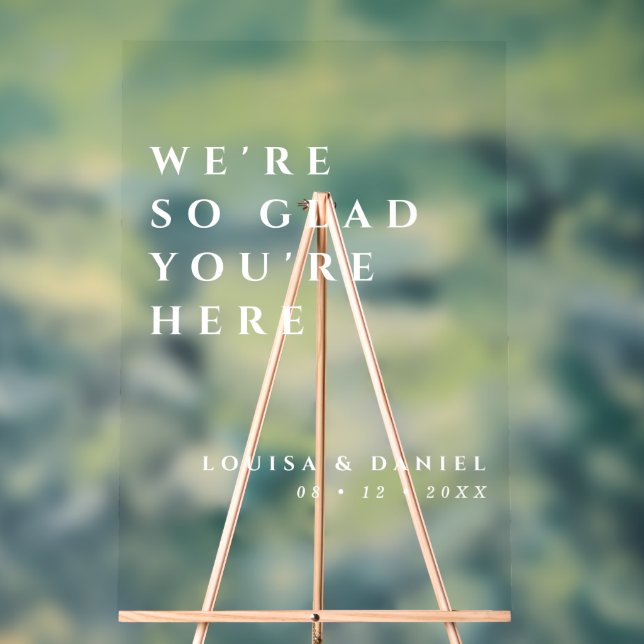 We're So Glad You're Here White Ink Wedding Acrylic Sign (Neutral)