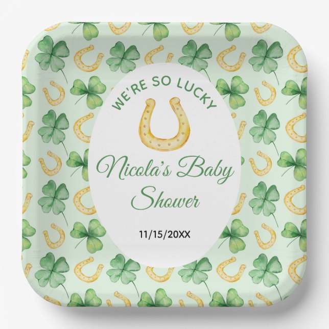 We're So Lucky Horseshoe St Patrick's Baby Shower Paper Plate (Front)