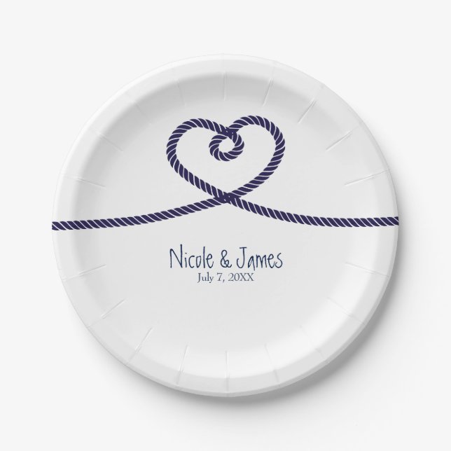 We're tying the knot nautical heart beach Wedding Paper Plate (Front)