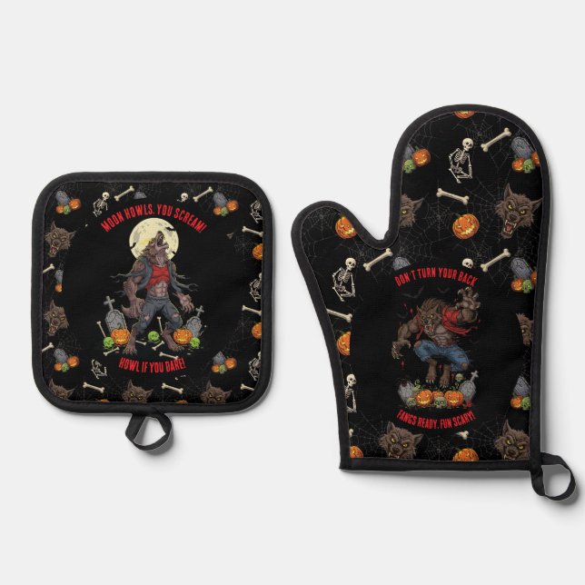 🔥 Werewolf Oven Mitts & Pot Holders 🐺🎃 Oven Mitt & Pot Holder Set (Front)