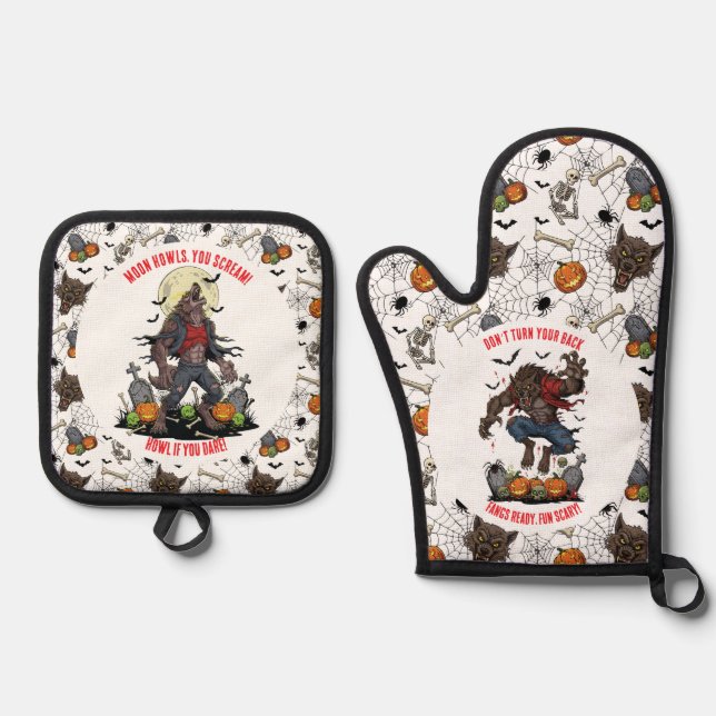 🔥 Werewolf Oven Mitts & Pot Holders 🐺🎃 Oven Mitt & Pot Holder Set (Front)