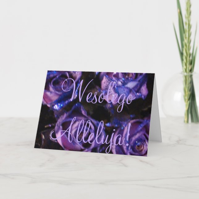 Wesołego Alleluja Polish Happy Easter Purple Roses Holiday Card (Front)