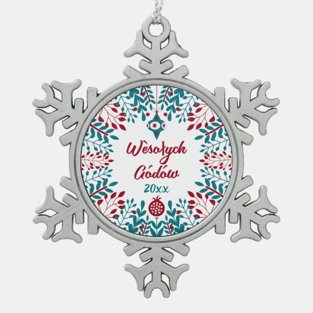 Wèsołych Gódów Kashubian Merry Christmas Snowflake Pewter Christmas Ornament (Front)