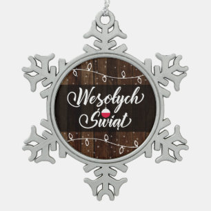 Wesołych Świąt Poland Merry Christmas, Rustic Snowflake Pewter Christmas Ornament