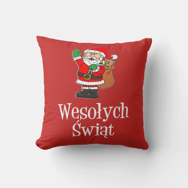 Wesolych Swiat Polish Christmas Santa Throw Pillow (Front)