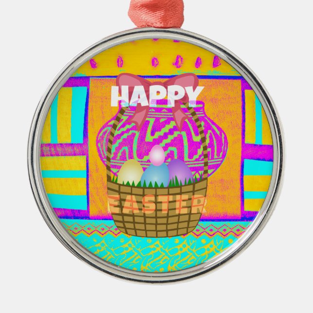 West African Inspired Easter Basket & Eggs Art  Metal Ornament (Front)