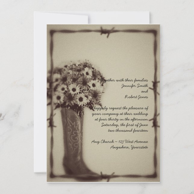 West Boot Daisy Bouquet Vintage Wedding Invitation (Front)