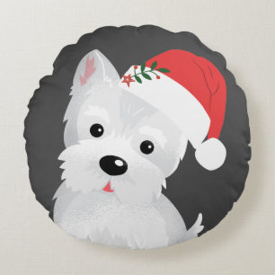 West Highland Dog Santa Hat Holly Berries Round Pillow