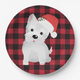 West Highland Dog With Santa Hat Buffalo Plaid Paper Plate