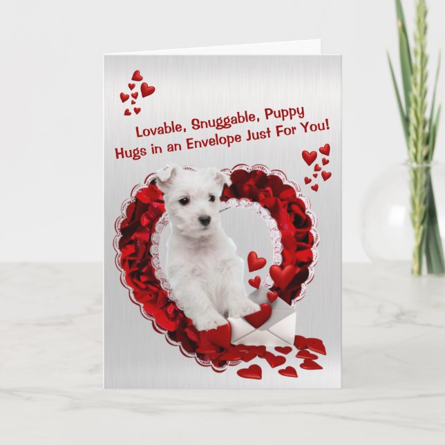 West Highland Terrier Lovable Snuggable Puppy Hugs Holiday Card (Front)