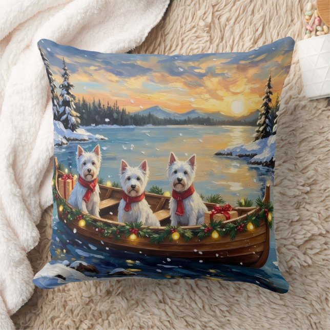 West Highland White Terrier Christmas Boat Holiday Throw Pillow (Blanket)