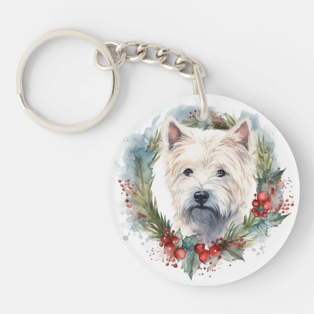West Highland White Terrier Christmas Wreath  Keychain (Front)