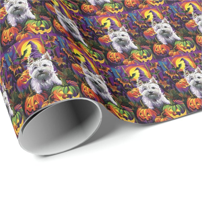 West Highland White Terrier Dog Halloween Witch Wrapping Paper (Roll Corner)
