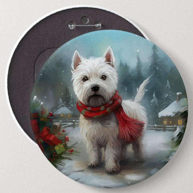West Highland White Terrier Dog in Snow Christmas 6 Inch Round Button (Front & Back)