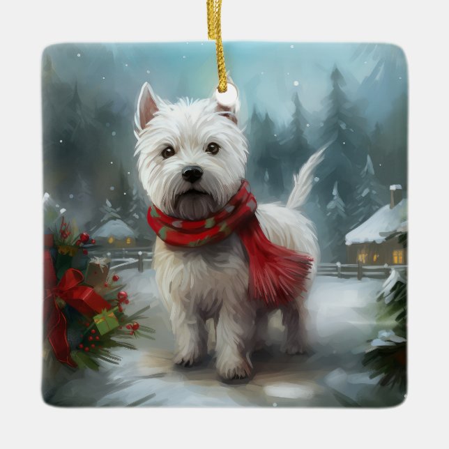 West Highland White Terrier Dog in Snow Christmas Ceramic Ornament (Front)