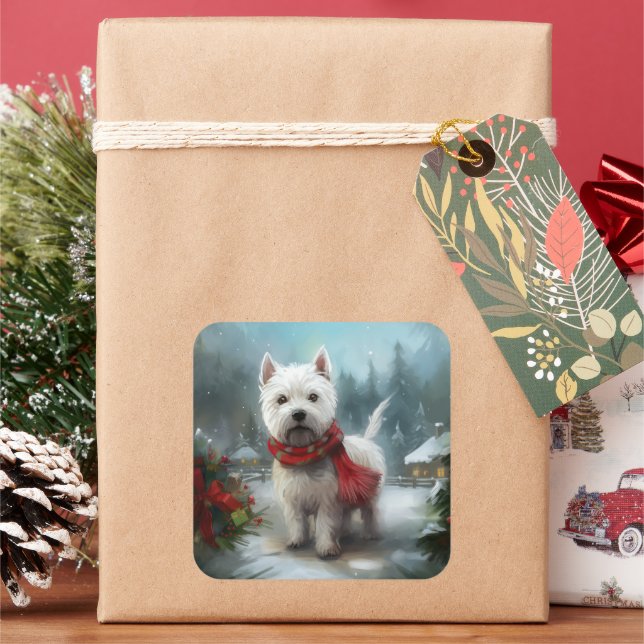 West Highland White Terrier Dog in Snow Christmas Square Sticker (Holiday)