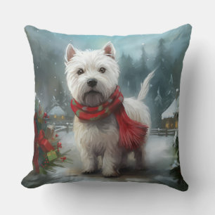 West Highland White Terrier Dog in Snow Christmas Throw Pillow