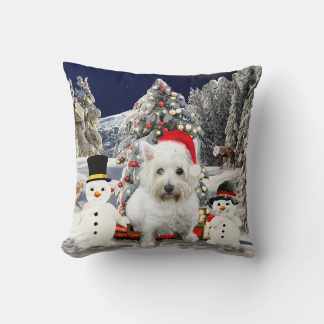 West Highland White Terrier Dog Snow Christmas Hat Throw Pillow (Front)