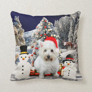 West Highland White Terrier Dog Snow Christmas Hat Throw Pillow