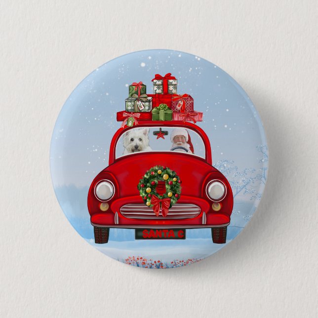 West Highland White Terrier Dog With Santa Claus 2 Inch Round Button (Front)