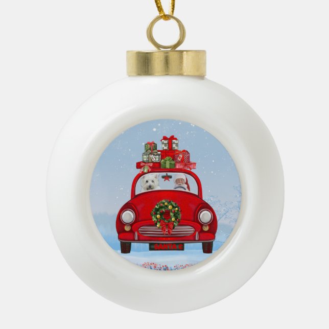 West Highland White Terrier Dog With Santa Claus Ceramic Ball Christmas Ornament (Front)