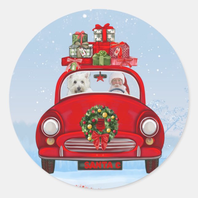 West Highland White Terrier Dog With Santa Claus Classic Round Sticker (Front)